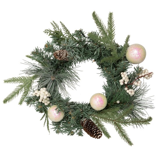 Northlight; Northlight Pre-Lit LED Mixed Pine and Berries B/O Christmas Wreath - 16" - Warm White Lights; Category:Lighted Christmas Wreaths; Image:1